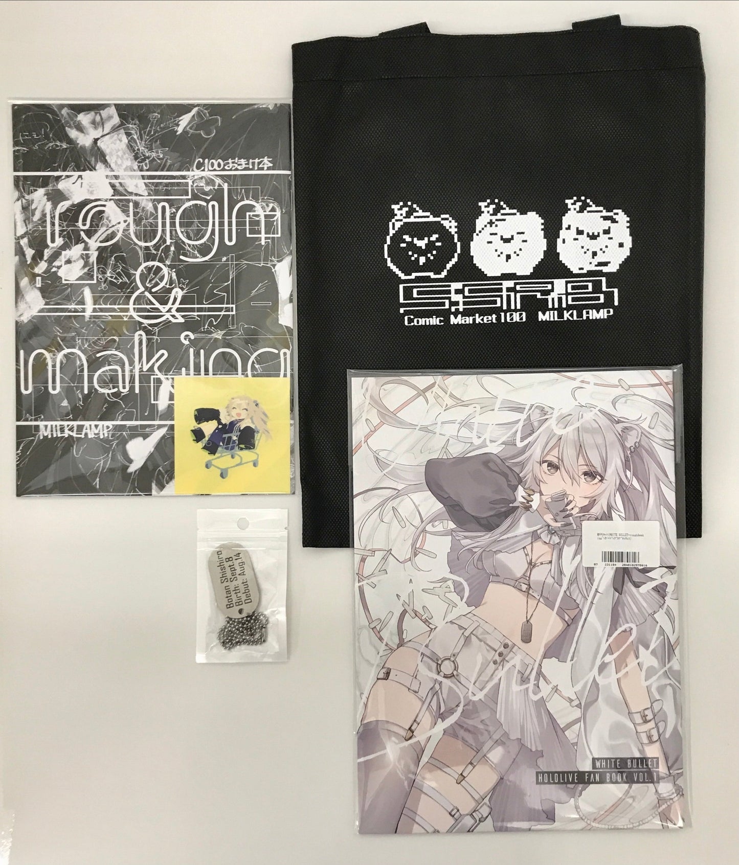 Milk lamp new book set WHITE BULLET rough making non-woven bag mini sticker dog tag necklace hololive Tomari milk lamp Comic Market 100/Comiket 100